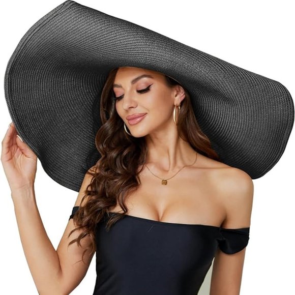 Oversized Black Beach Straw Large Wide Brim Visor Handmade Hat Size 5-7 1/4 - Picture 1 of 11